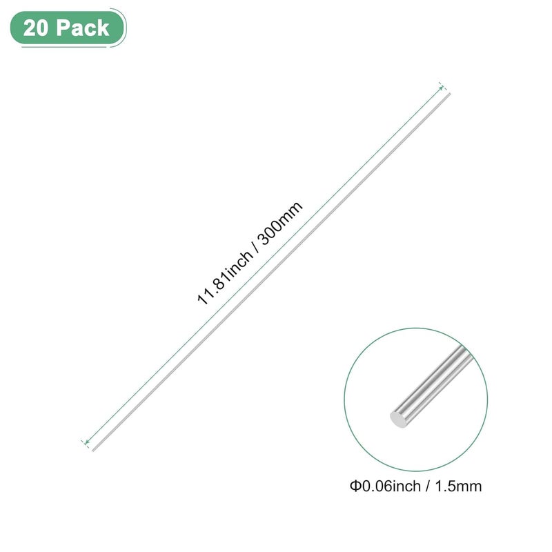 M METERXITY 20-Pack 304 Stainless Steel Solid Round Rod, 1.5x300mm Metal Solid Shaft Rods for DIY Craft/Model Car/Helicopter Airplane/Metal Working, Lathe Bar Smooth Stock [0.06x11.81IN] - Image 3